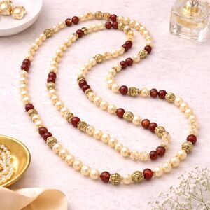 Hand Knotted Glass Pearl and Red Bead Necklace